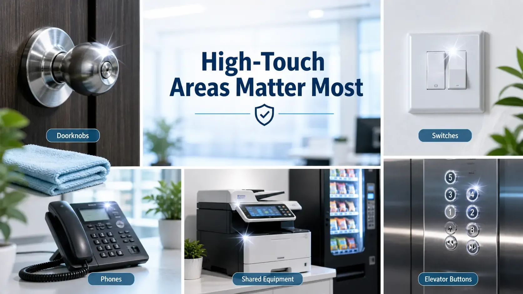 High-touch office areas showing disinfected doorknob, phone, switch, and elevator.